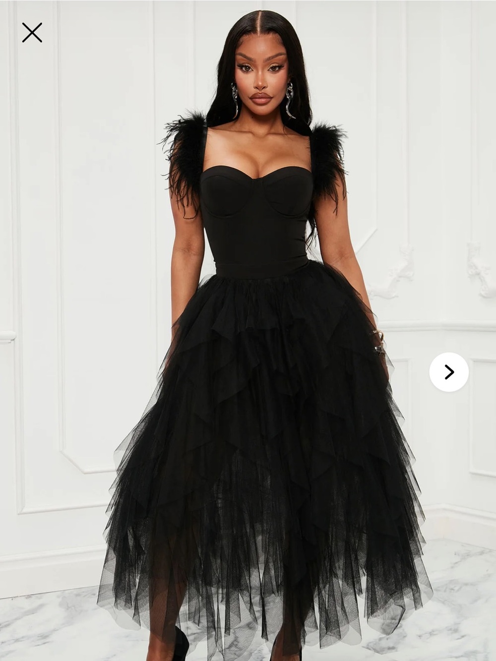 Fashion Nova Black Feather-Trim Tulle Midi Dress